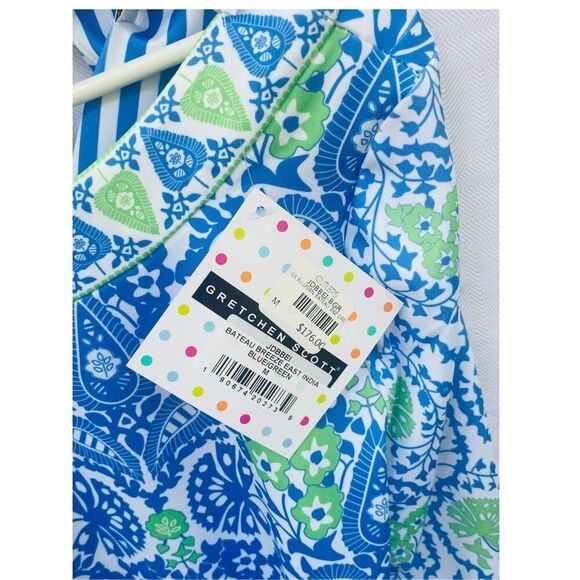 Gretchen Scott Bateau Dress Blue Green East India Print Tunic Stretch Sz Medium - Picture 4 of 5